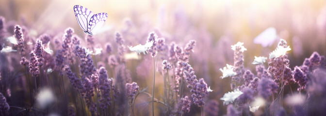 a field of lavender flowers with a butterfly. Generative Ai