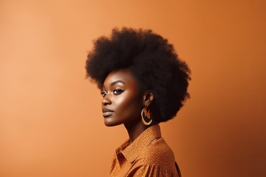 A woman with a big afro haircut stands against a brown background, side view. AI generative image.