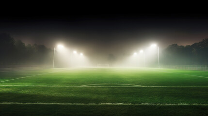 3D green soccer field with bright floodlights and haze. Generative AI.