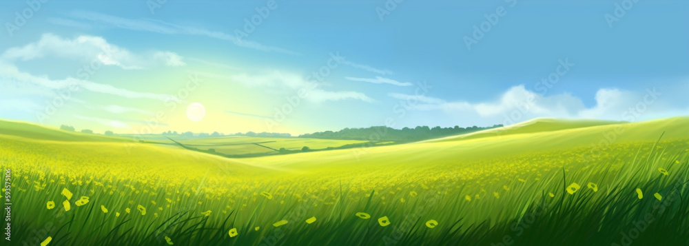 Wall mural field with grass and flowers under blue sky, concept art, green hills, morning, ultra-wide landscape