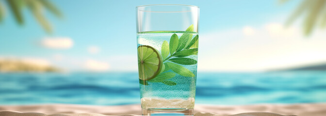 a glass of water on top of a sandy beach, super realistic food image, blue and green water. Generative Ai © PETR BABKIN