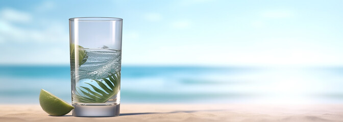 a glass of water on top of a sandy beach, palm leaves on the beach, advertising product image, close-up view. Generative Ai