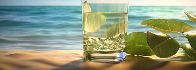 a glass of water on top of a sandy beach. Generative Ai