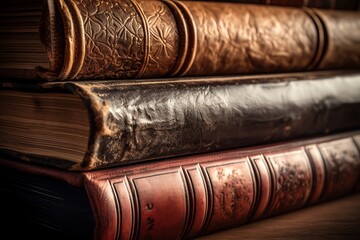 Antique leather books stack in library banner/header image. Generative AI