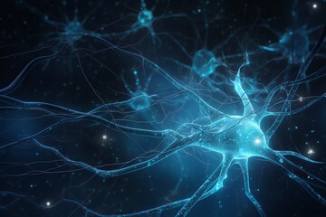 Naklejka na ściany i meble Blue nerve cell banner for brain biology. Generative AI