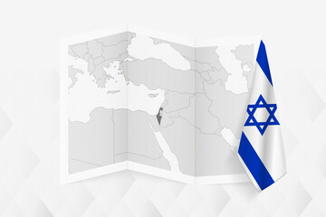 A grayscale map of Israel with a hanging Israeli flag on one side. Vector map for many types of news.