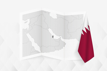 A grayscale map of Qatar with a hanging Qatari flag on one side. Vector map for many types of news.