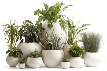 Collection of plants in ceramic pots on white background, 3D render. Generative AI