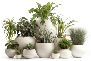 Obraz premium Collection of plants in ceramic pots on white background, 3D render. Generative AI
