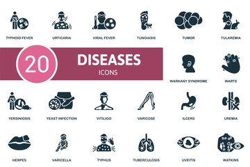 Disease set. Creative icons: typhoid fever, urticaria, viral fever, tungiasis, tumor, tularemia, warkany syndrome, warts, yersiniosis, yeast infection, vitiligo, varicose, ulcers, uremia, herpes