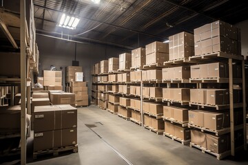 Efficient storage. Solar-powered, air-heated warehouse with organized cardboard boxes. Generative AI