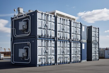 Energy storage. Hydrogen-powered battery container unit. Generative AI - obrazy, fototapety, plakaty
