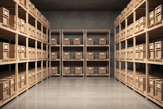Efficient storage. 3D rendering of industrial shelves and boxes. Generative AI