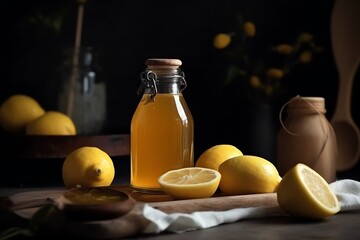 Honey bottle and lemon on table. Generative AI