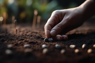 Hand planting seed for growing plants in nature. Generative AI
