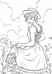 Vector illustration, beautiful girl in the garden, coloring book.