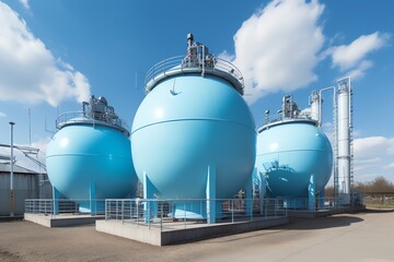Hydrogen storage and production plant with spherical tanks and BPVC equipment. Generative AI