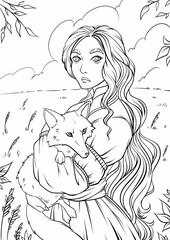 handsome young woman with fox standing and looking away against rural landscape with fields and trees for your coloring book