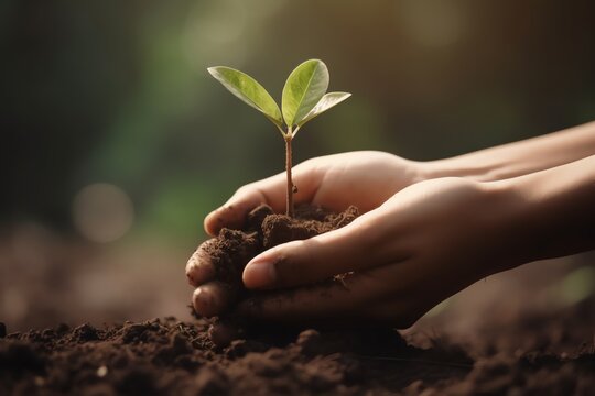 Hand holding young plant for eco earth day concept. Generative AI