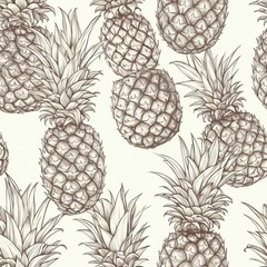 arrange with hand drawn pineapples over white foundation . Seamless pattern, AI Generated