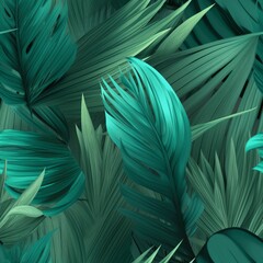 sensible organize checking shocking turquoise and green tropical takes off with palms . Seamless pattern, AI Generated