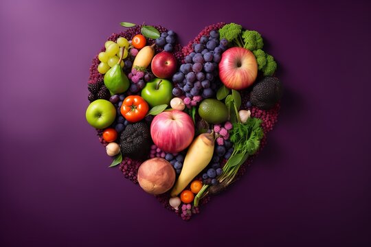 Human heart made of fruits and vegetables on purple background. Generative AI