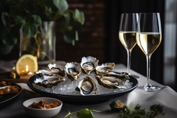 Oyster feast and white wine in vibrant seafood eatery. Generative AI