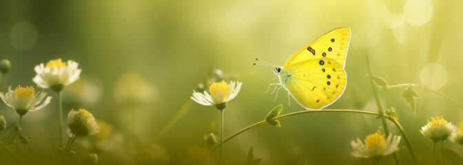 yellow butterfly sitting on top of a lush green field, romanticism, gentle image. Generative Ai