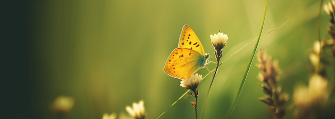 small butterfly sitting on top of a flower, yellow tint. Generative Ai