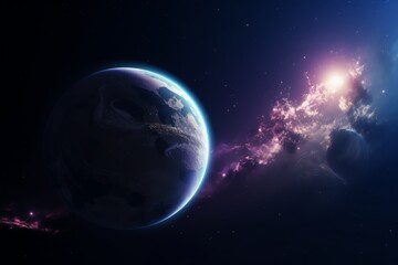 Purple space wallpaper of earth and moon. Generative AI