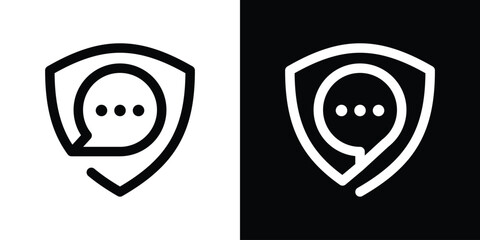 shield and chat logo design icon line vector illustration