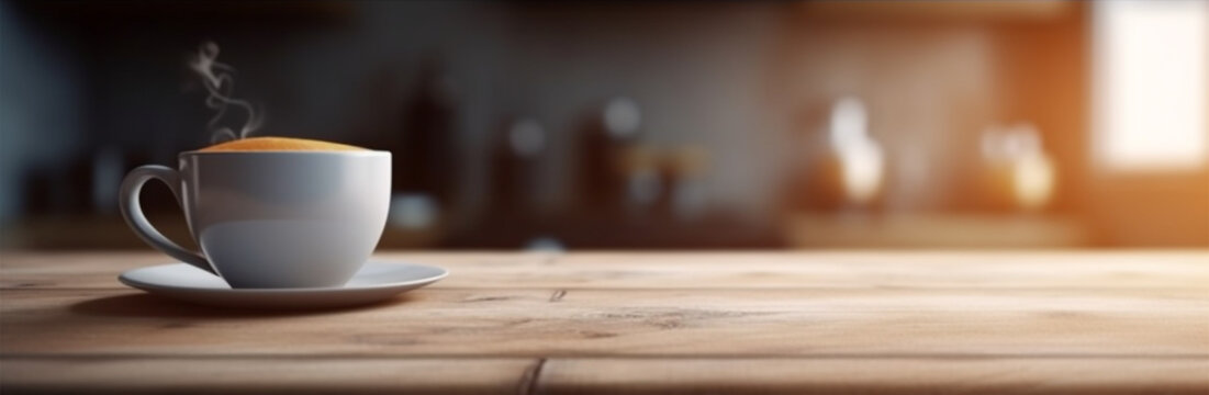 cup of coffee sitting on wooden table, kitchen background. Generative Ai
