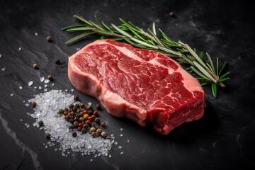 Raw steak on dark shale background with salt, pepper, and herbs. Generative AI