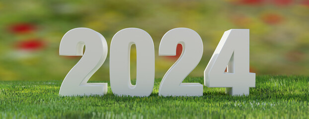 2024 Happy New Year white digit text on fresh green grass field background. Banner. 3d render