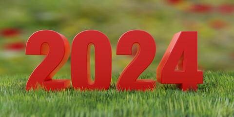 2024 Happy New Year red digit text on fresh green grass field background. Banner. 3d render - obrazy, fototapety, plakaty