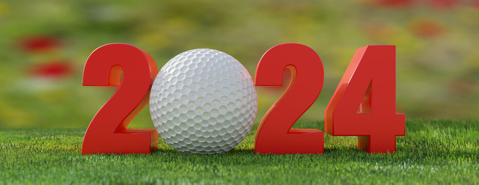 2024 Golf. New year number with golfball on grass field, blur nature background. Banner. 3d render