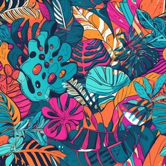 organize of a tropical work of craftsmanship, with multicolored hand drawn components and curiously foundation . Seamless pattern, AI Generated