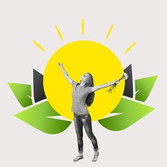 Contemporary collage of woman standing on leaves background
