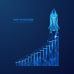 Business success strategy. Low poly wireframe spaceship launch. Digital shuttle launches up. Start-up concept. Polygonal technology blue vector illustration. © AntonKhrupinArt