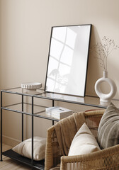 Mockup frame in interior background, light pastel beige room, 3d render
