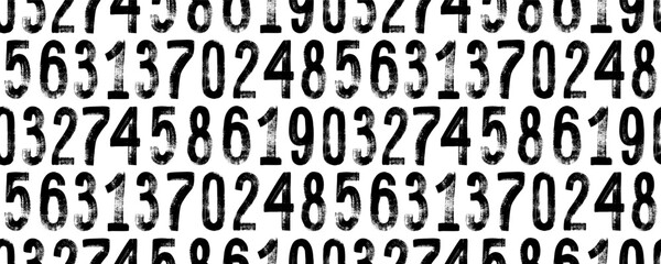 Seamless pattern with grunge vector numbers. Hand drawn dirty textured font. Black ink characters. Dirty painted numbers seamless pattern. Dry brush texture. Typography vector elements.
