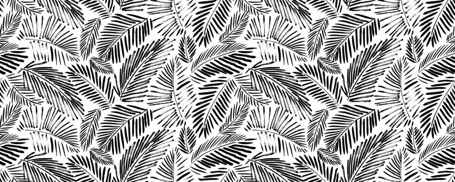 Seamless exotic pattern with palm leaves in linear style. Brush drawn tropical palm leaves wallpaper. Handdrawn vector ink illustration. Botanical graphic design for print. Grunge tropical foliage.