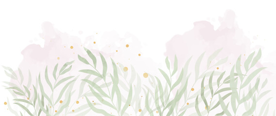 Abstract botanical vector background. Watercolor art and green eucalyptus leaves with golden splash on white background. Elegant illustration for design, wall decor, print, fabric, banner.