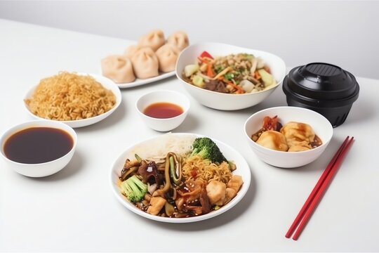 Chinese Food on White Background. Generative AI