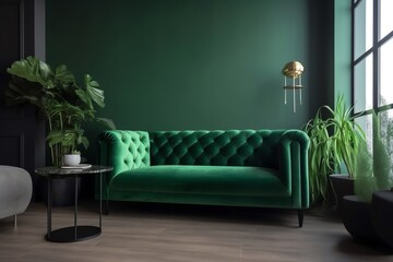 Green sofa in modern interior design. Generative AI