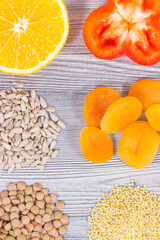 Nutritious food as source differents vitamins or minerals for healthy and lush hair