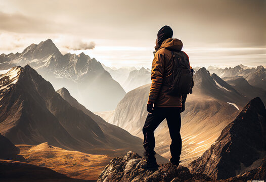 Active hiker standing on mountain top looking at scenic landscape. Adventure concept. Generative AI