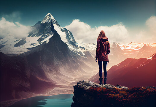 Active hiker standing on mountain top looking at scenic landscape. Adventure concept. Generative AI