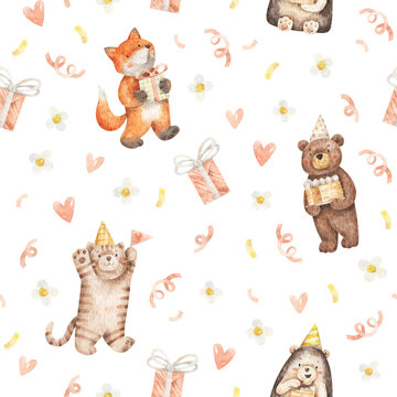 Cute seamless pattern with animals in birthday party hats on white background. Watercolor hand-drawn texture with fox, bear, cat and hedgehog
