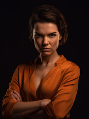 Young woman with a frown and angry expression posing with her arms crossed - ai generative